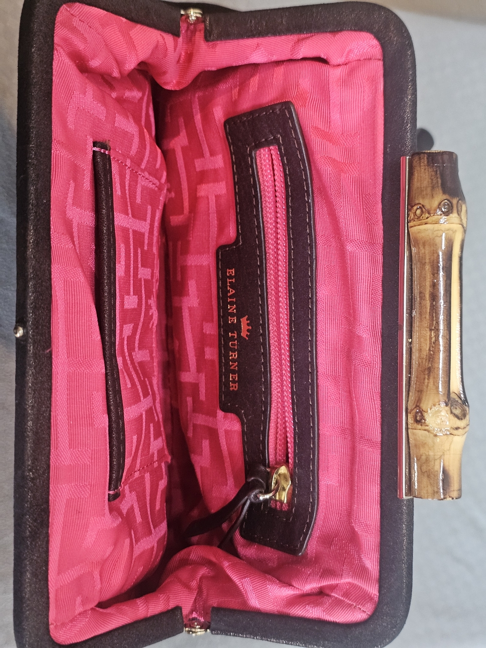 ELAINE TURNER METALLIC LEATHER GOING OUT BAG W/BAMBOO LOCK & POCKET MIRROR VTG - Picture 3 of 7